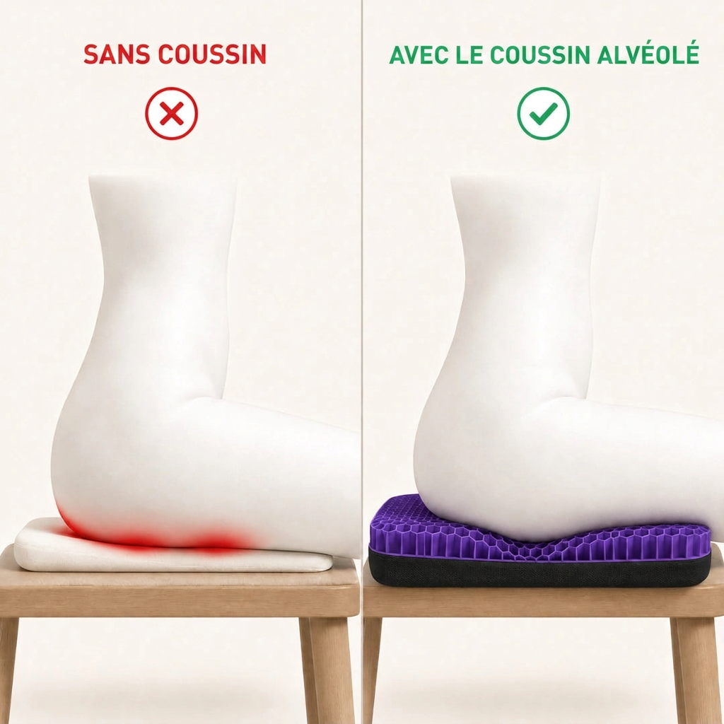 Illustration comparant une posture assise sans soutien à une posture soutenue par la grille alvéolée