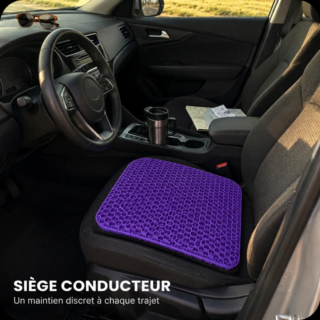 Coussin Aevura Studio installé sur le siège conducteur d’une voiture
