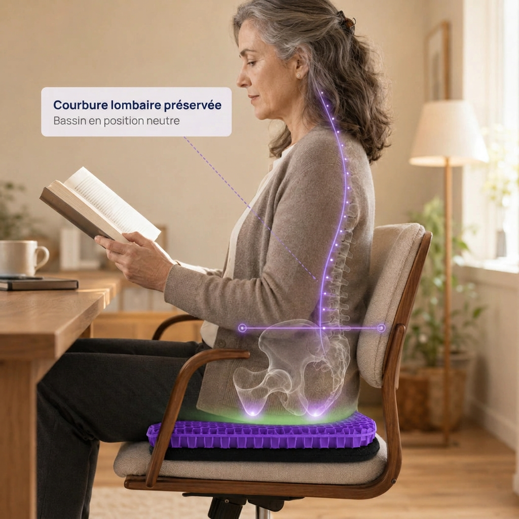 Posture assise avec le bassin maintenu en position neutre sur le coussin